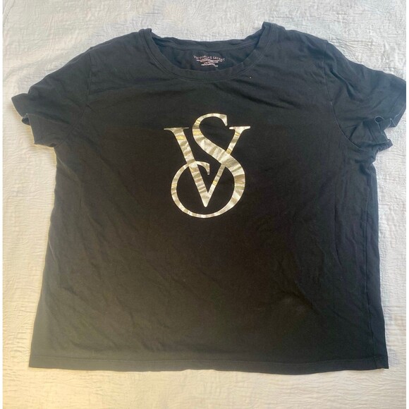 Victoria’s Secret Shirt Women’s Black VS Gold Logo Short Sleeve Crop Sz Large - Picture 1 of 4